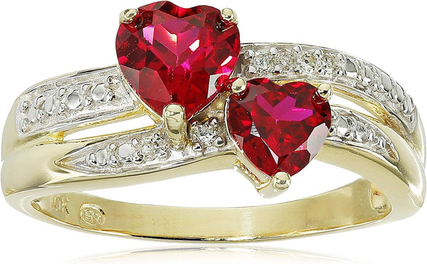 10K Gold Rhodium Plated Ruby Heart Promise Women Rings with Diamond Stone Accents - Premium Double Band Pre Engagement Rings for Women, Exquisite Romantic Love Gift Size 7
