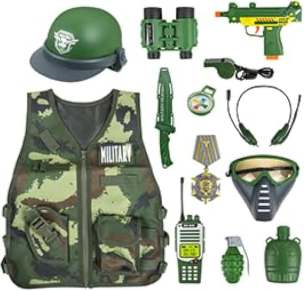 13 Pcs Army Costume for Boys 6-8 3-5, Kids Army Toys Costume Vest, Military Toys for Kids, Soldier Role Play Toddler Dress up Clothes with Toy Gun Set and Accessories,Halloween Costumes for Kid