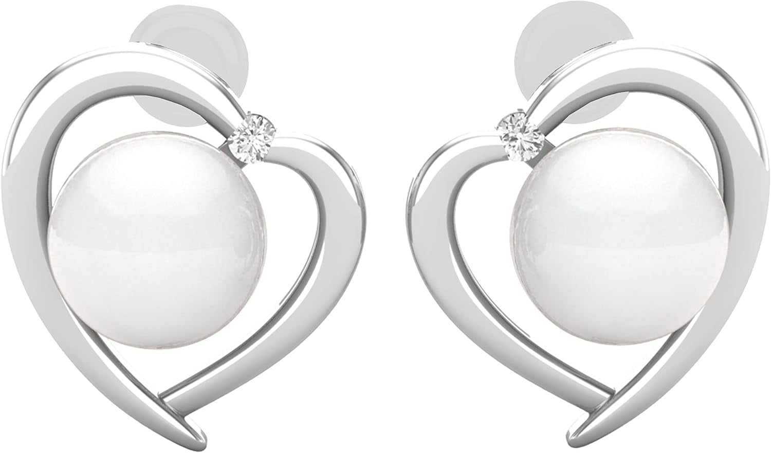 8Mm Each round White Freshwater Pearl & White Diamond Womens Heart Stud Earrings, Available in 10K/14K/18K Solid Gold & 925 Sterling Silver