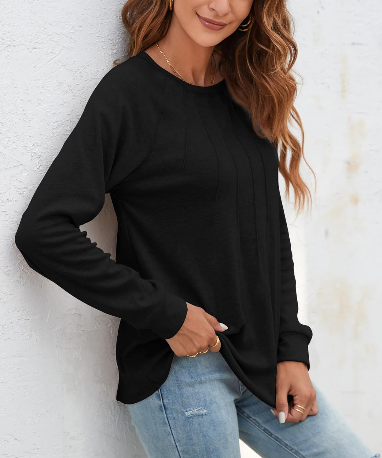 Women Long Sleeve Shirts Casual Tops Dressy Blouses Fashion Pleated Tunic