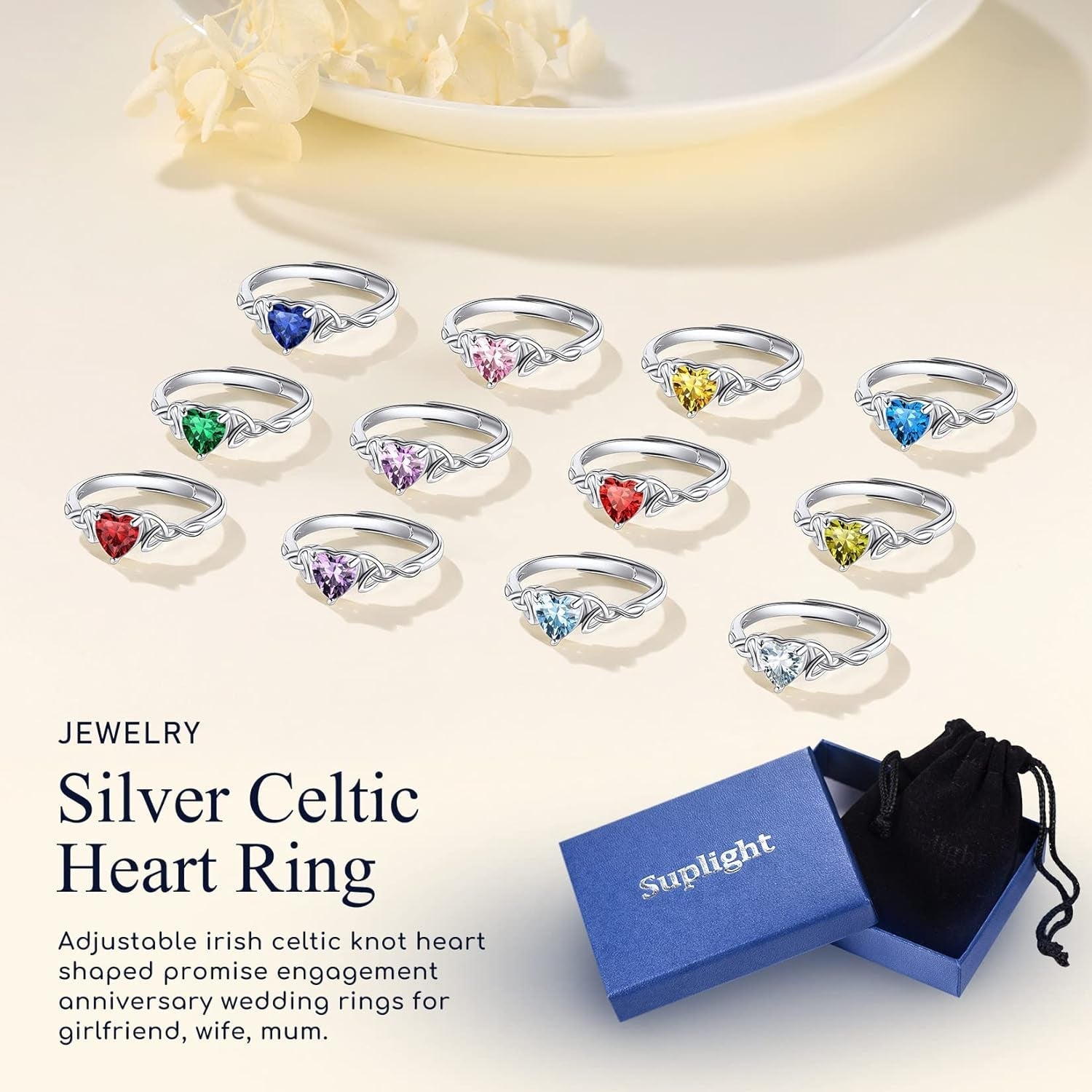 925 Sterling Silver Good Luck Celtic Twisted Knot/Claddagh Heart Birthstone Ring, Thin Delicate Adjustable Promise Engagement Ring Irish Jewelry for Women