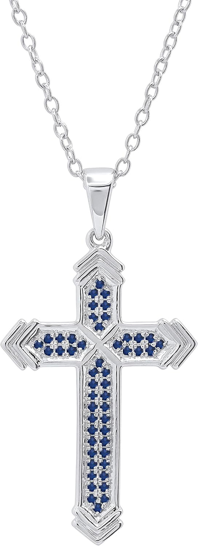 round Blue Sapphire Unisex Divine Cross Pendant in 925 Sterling Silver