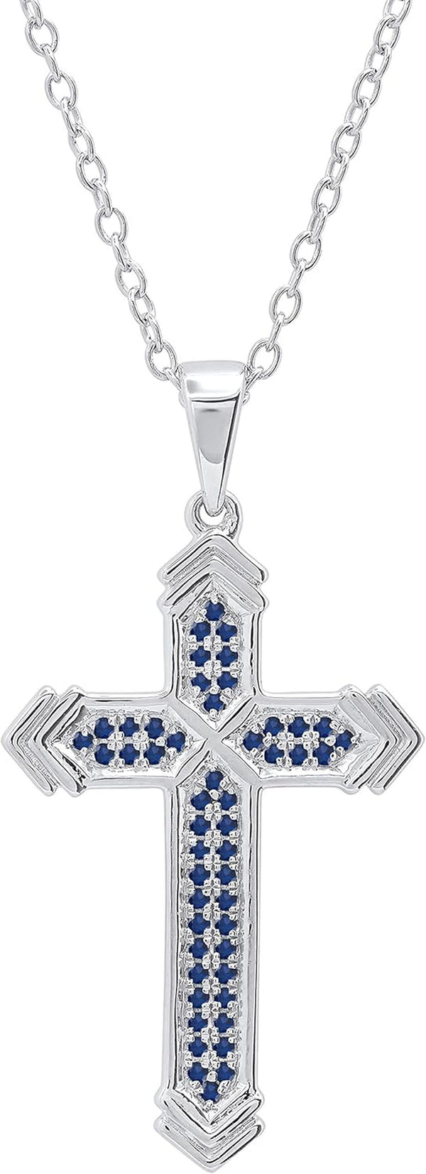 round Blue Sapphire Unisex Divine Cross Pendant in 925 Sterling Silver