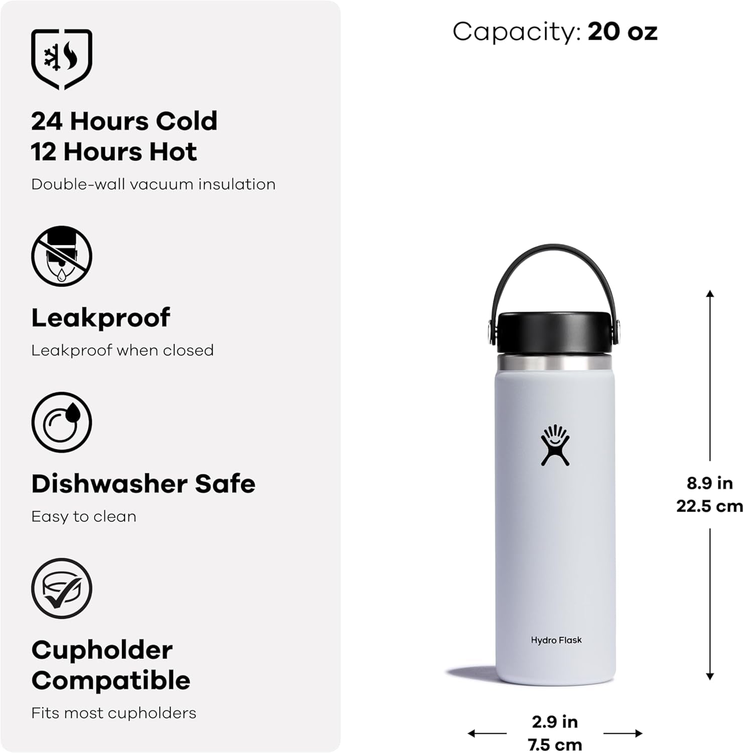Wide Mouth Vacuum Insulated Stainless Steel Water Bottle with Leakproof Closeable Lid for Cold Water Drinks, Sports, Travel, Car and School