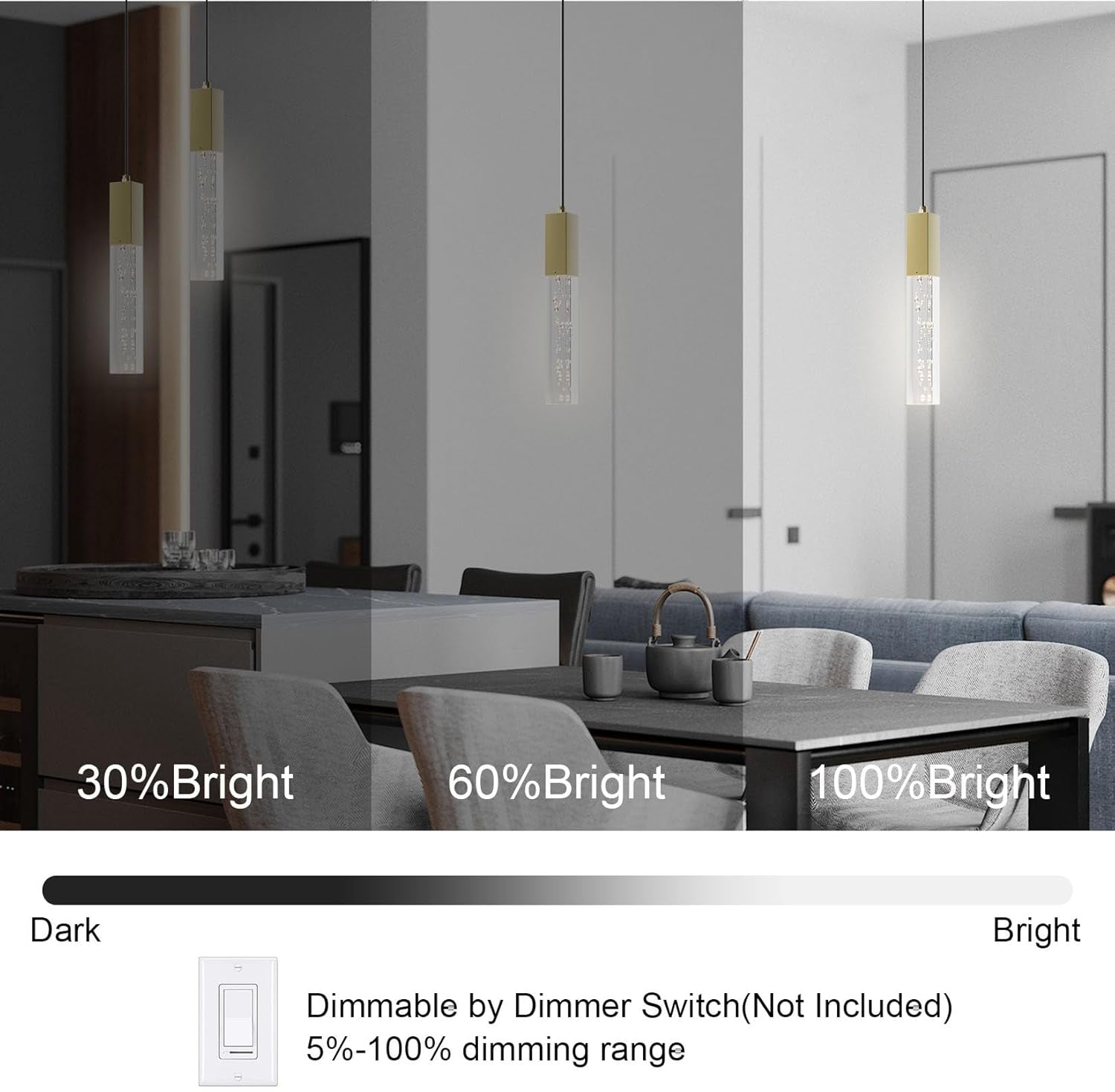 Brass Pendant Light Kitchen Fixture Dimmable Integrated LED Modern Pendant Light for Kitchen Island Mini Crystal Pendant Light for Bathroom Bedroom 3000K Warm Light(2-Pack)