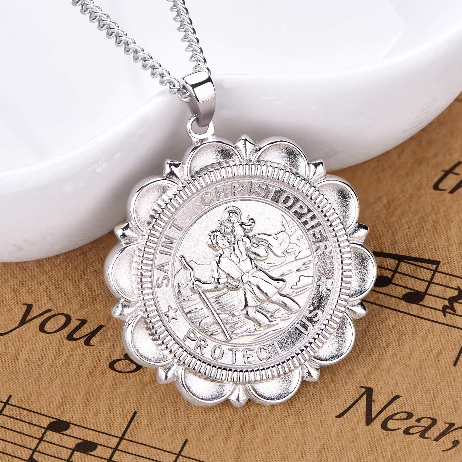 St Christopher Necklace Solid 925 Sterling Sliver Engraved Pendant round Religious Talisman Jewelry for Women