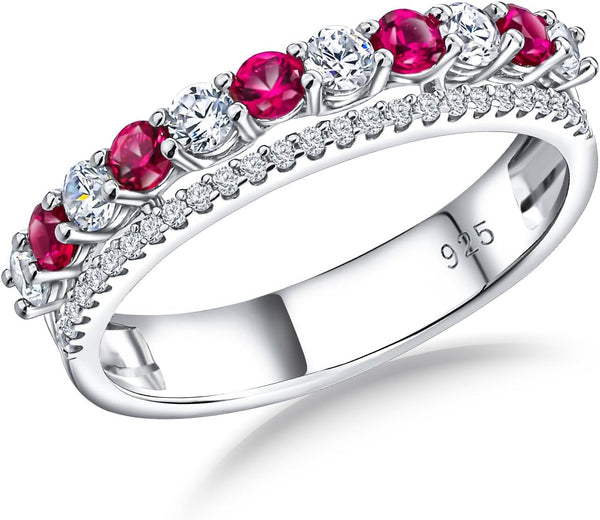 Women'S Half Eternity Band 5Mm Thick Double Band Ring Sterling Silver Gemstone Diamond Anniversary Ring Stackable Birthstone Rings Size 6-10 (With Gift Box)