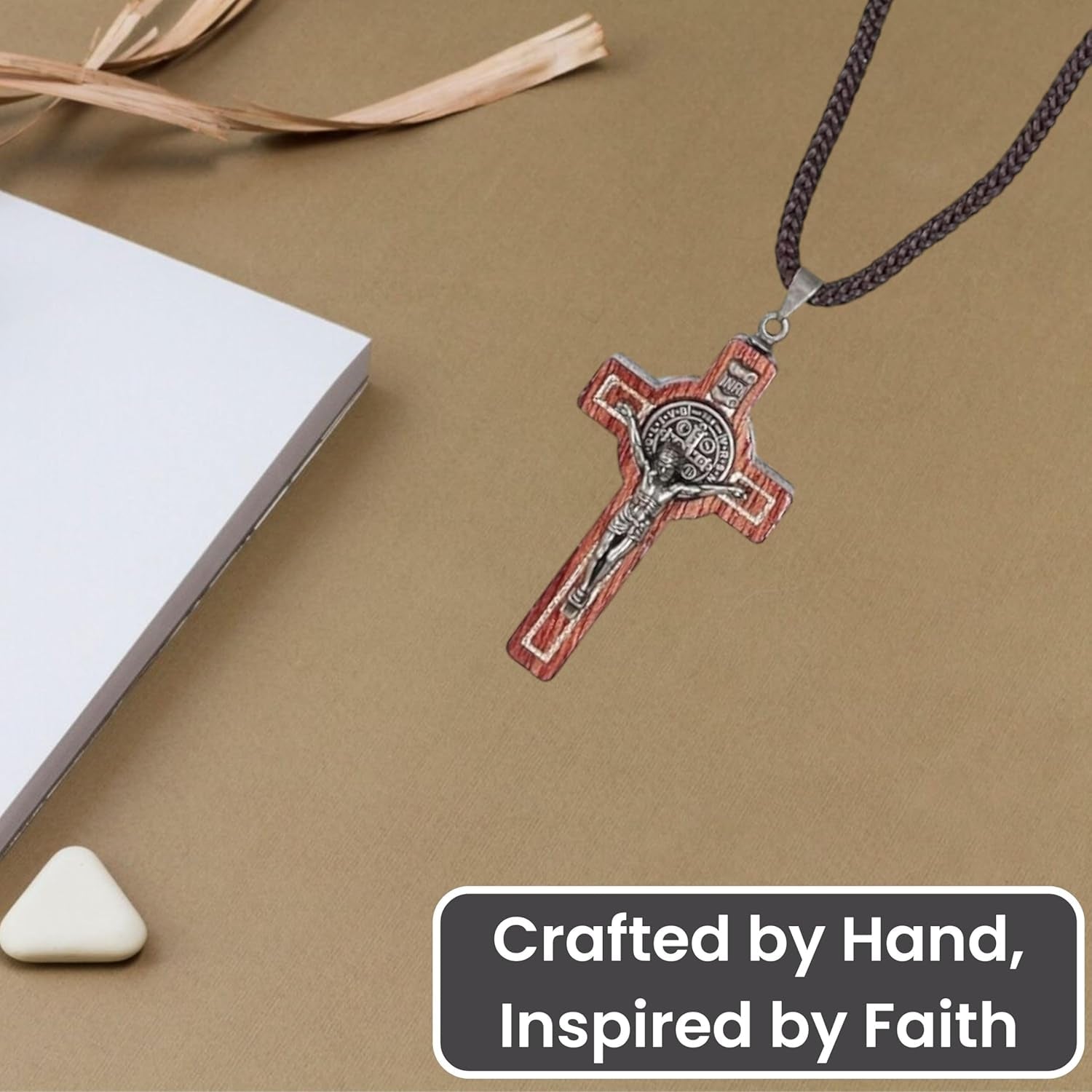 Saint Benedict Medal Wood Crucifix Cord Necklace for Men & Women – Handcrafted Religious Pendant, Healing, Travel Protection, Perfect for Gifting on Special Occasions, Made in Brazil