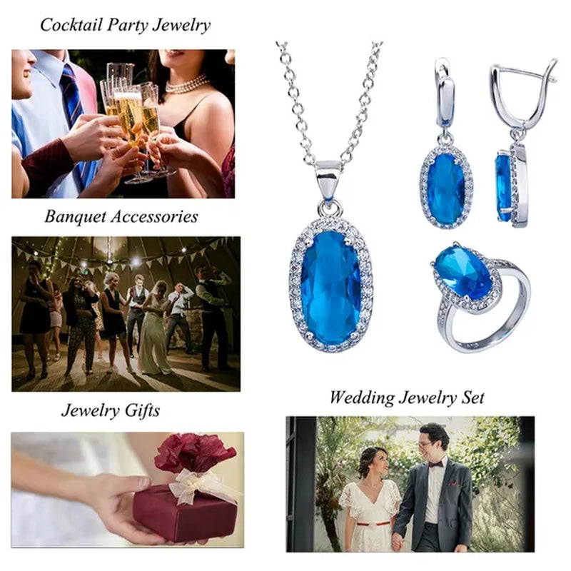 CANDICE Fashion Women Sterling Silver Plated Jewelry Sets for Girls Lovely Oval Pink CZ Stone Party Necklace Earrings Ring Set（Us 7-9)