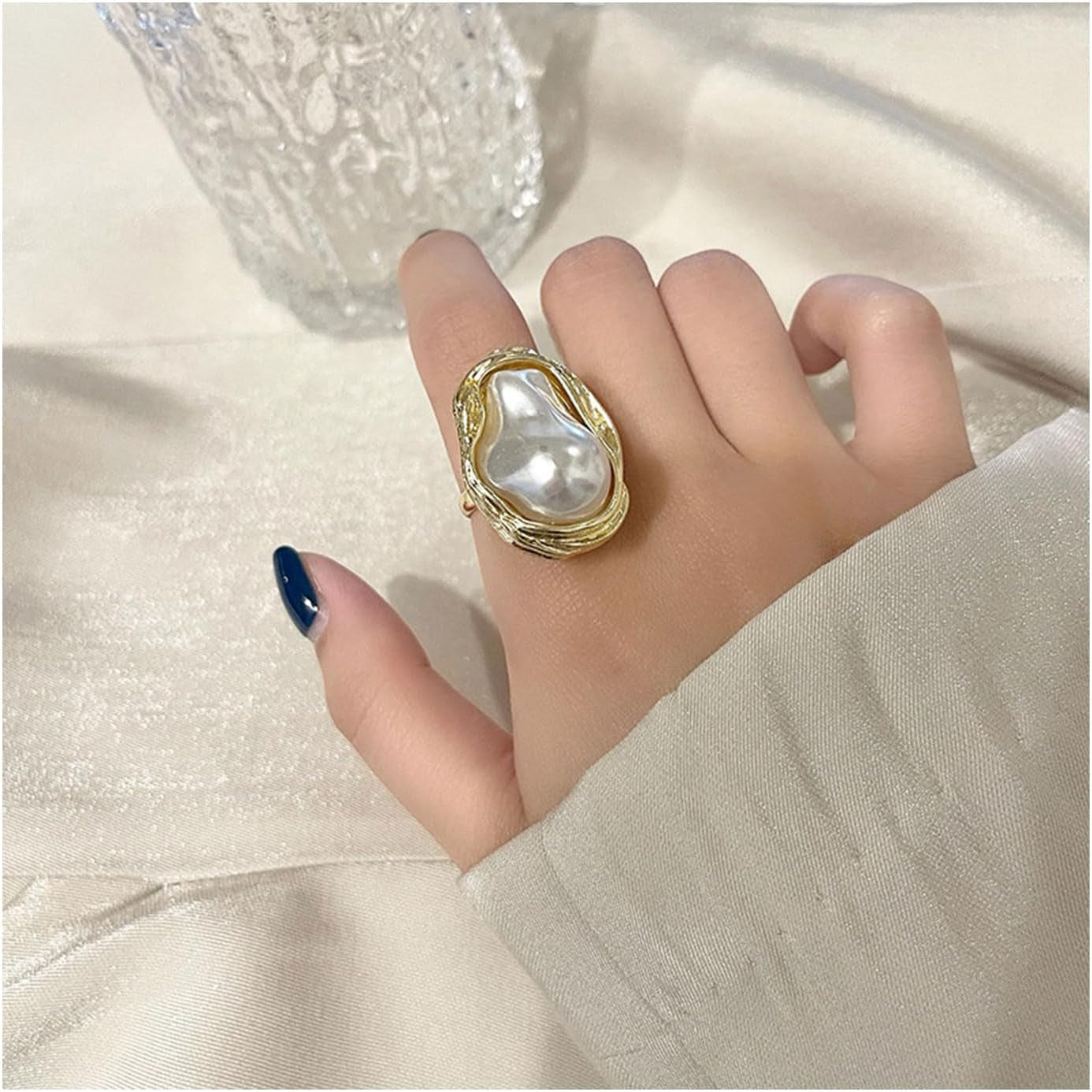 Pearl Ring for Women Geometrical Irregular Pearl Ring Womens Open Adjustable Index Finger Rings