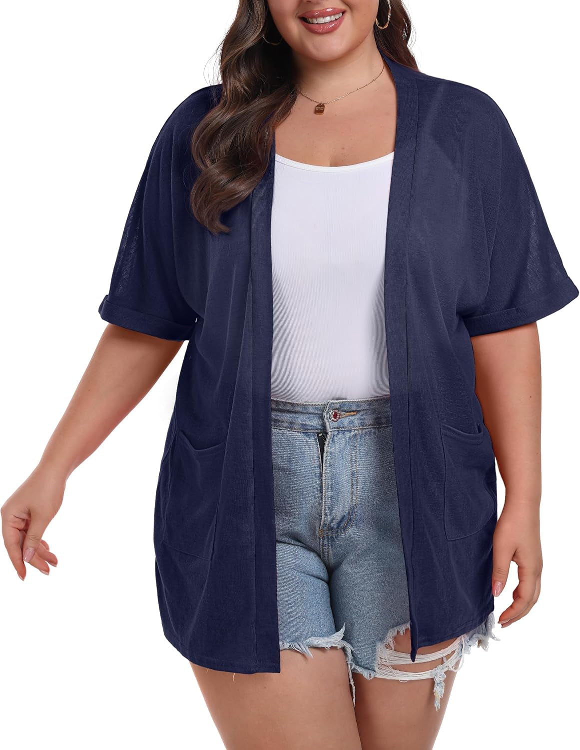 plus Size Lightweight Cardigan for Women Summer Sheer Short Sleeve Cardigan with Pockets Beach Cover Up