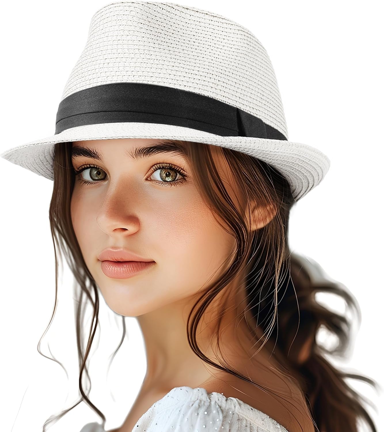 Straw Fedora Hat for Women Men Packable Short Brim Roll up Trilby Hat Panama Summer Beach Sun Hat UPF 50+