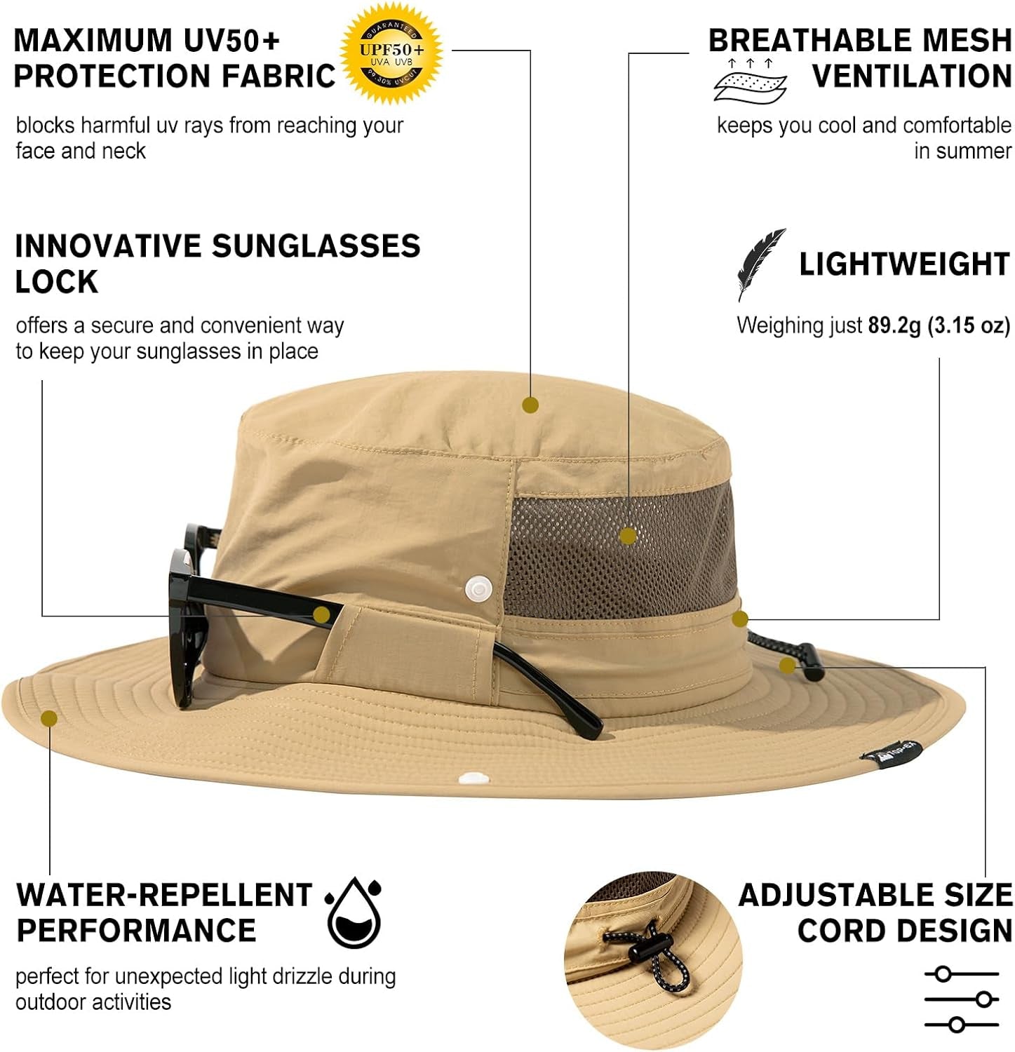 L/XL/XXL UV50+ Waterproof Wide Brim Bucket Sun Hat for Summer Fishing Hiking W/Detachable Strap & Vented Mesh