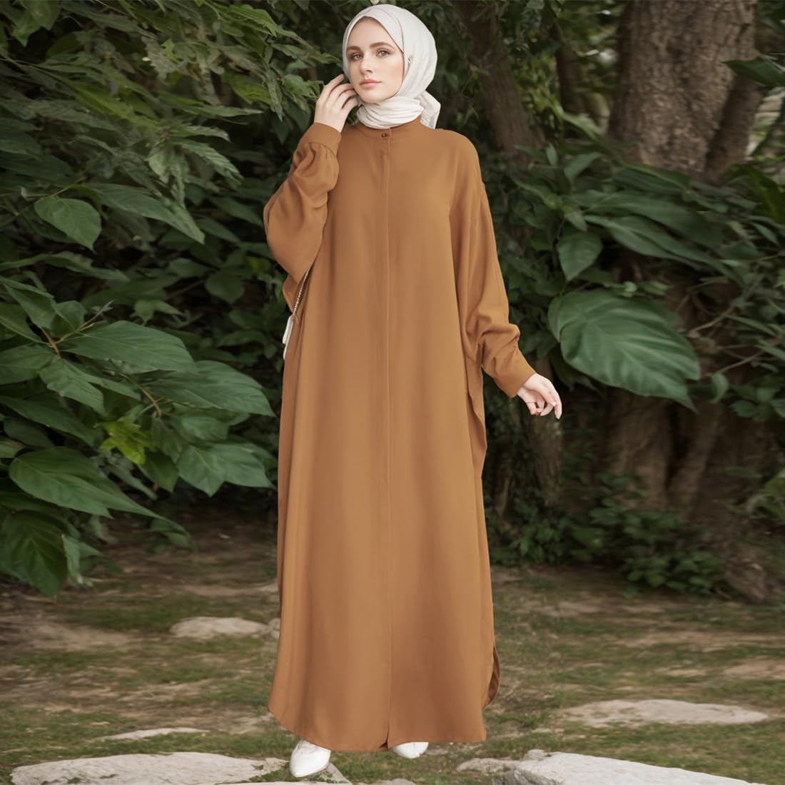 Muslim Dresses for Women Abaya Button down Henley Shirt Prayer Dress Batwing Long Sleeve Middle East Arabian Robe