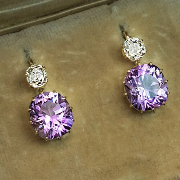 Women Charming Round Cut Amethyst Crystal Dangle Earrings Female Party Wedding Engagement Anniversary Gift Jewelry