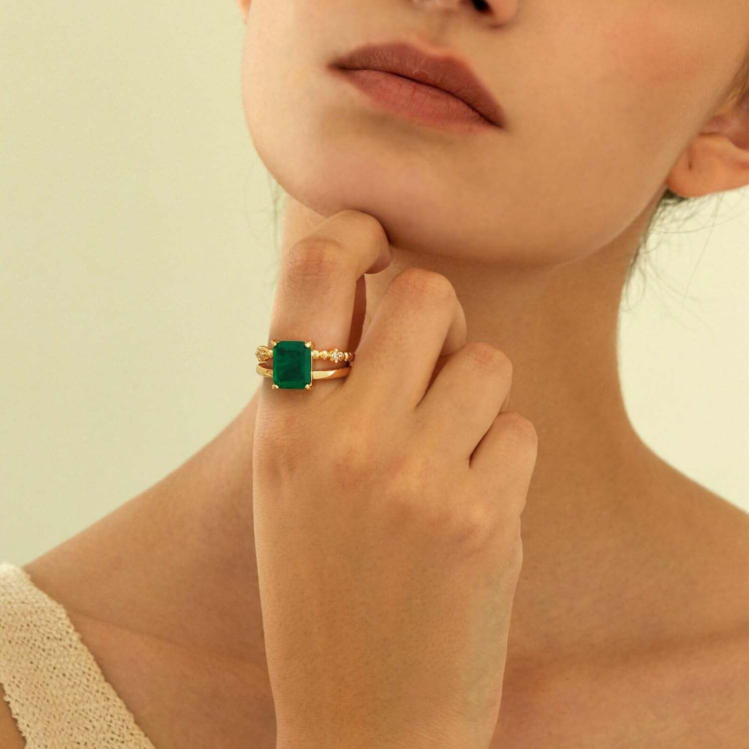 Gold Simulated Emerald Rings 14K Gold Plated Rings for Women Dainty Green Rings Stacking Ring Statement Ring Cut Simulated Emerald Gemstones CZ Gold Rings Band Size 6 to 8
