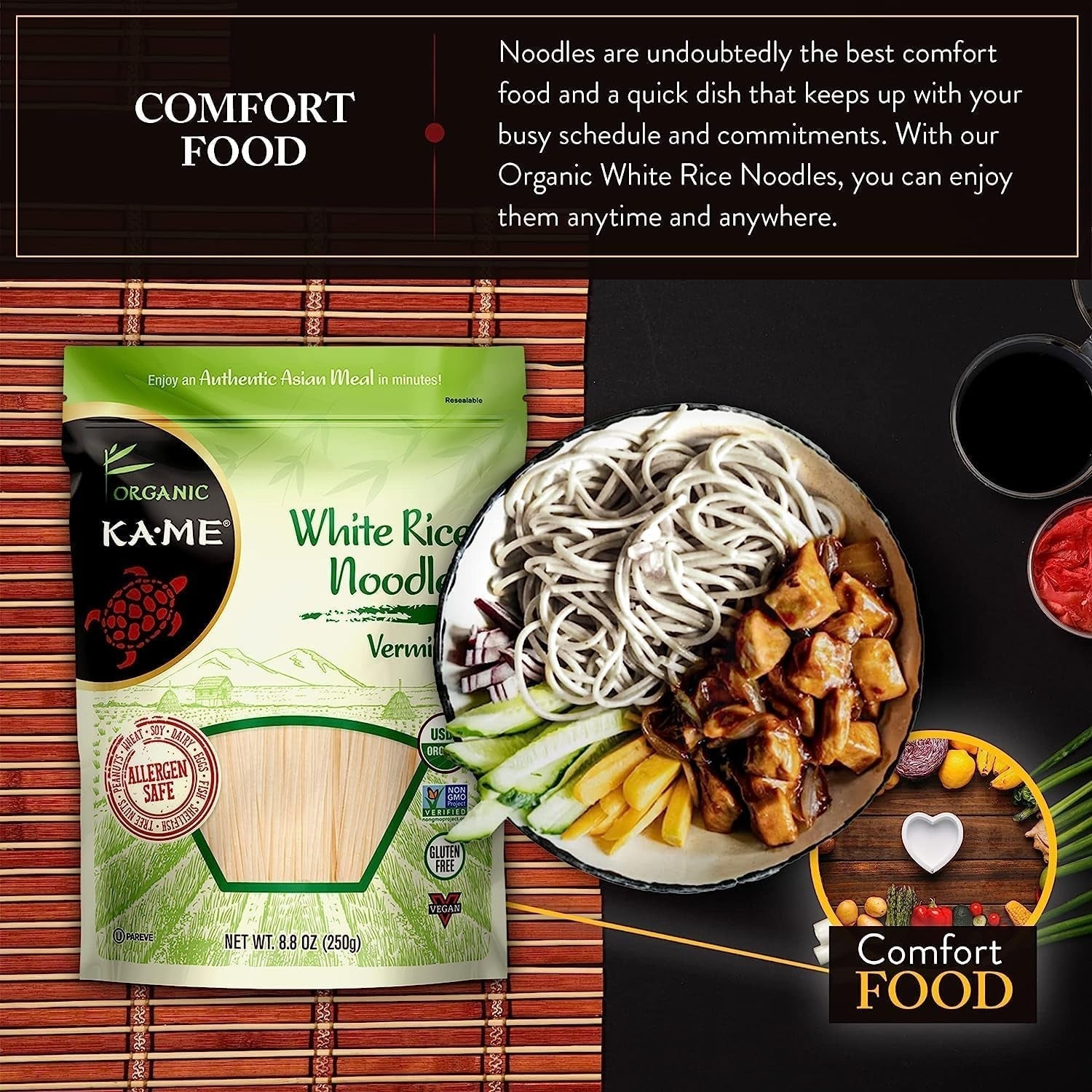 Organic Rice Noodles - Premium Quality Vermicelli - Gluten-Free, No Preservatives or MSG, a Thai and Southeast Asian Staple - Perfect for Stir-Fries, Soups, and Salads - 8.8Oz