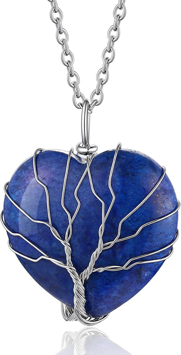 Tree of Life Wrapped Healing Crystal Necklaces 12 Month Birthstone Pendant for Women, Crescent/Heart Gemstone Jewelry, Vintage Birthday Gifts/Energy Gift