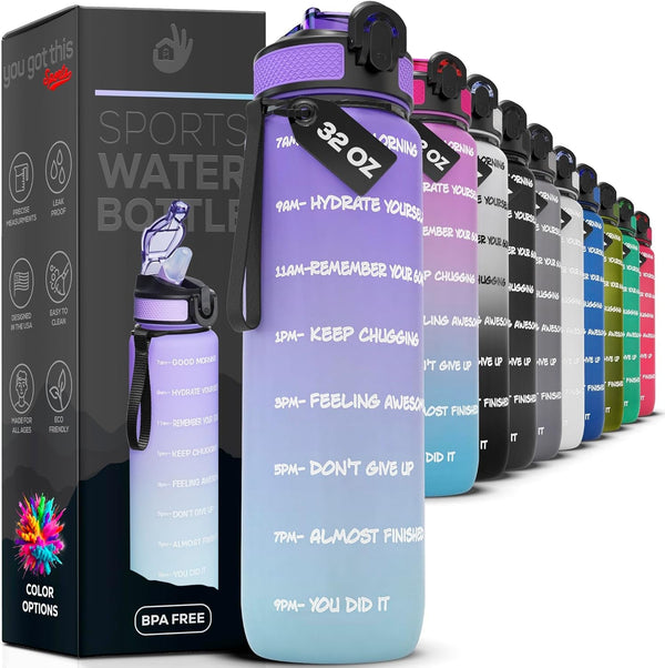 Motivational Water Bottle with Time Marker, 32 Oz Water Bottle, Sports Water Bottle with Spout, Achieve All-Day Hydration Spillproof, BPA FREE