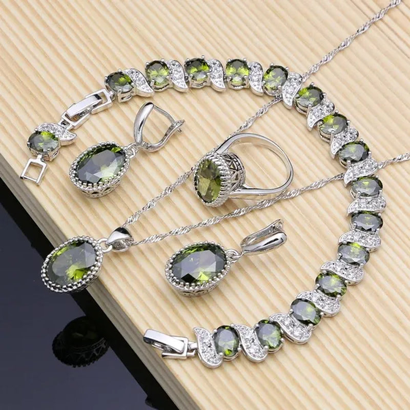 Olive Green Topaz Jewelry Sets Women 925 Sterling Silver Jewelry Earrings/Pendant/Necklace/Rings/Bracelet