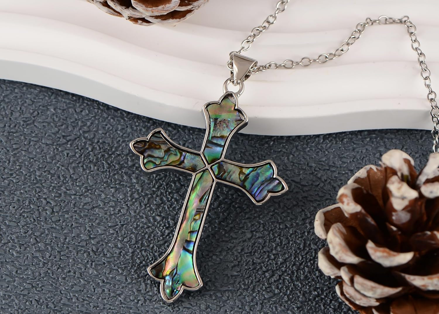 Vintage Inspired Silvery Tone Abalone Shell Religious Cross Pendant Necklace