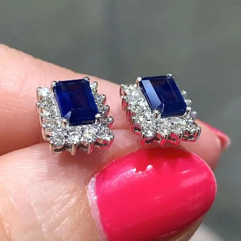 Trendy Square Cut Blue Sapphire Lab Diamond Stud Earrings for Women Bridal Wedding Party Earring Jewelry