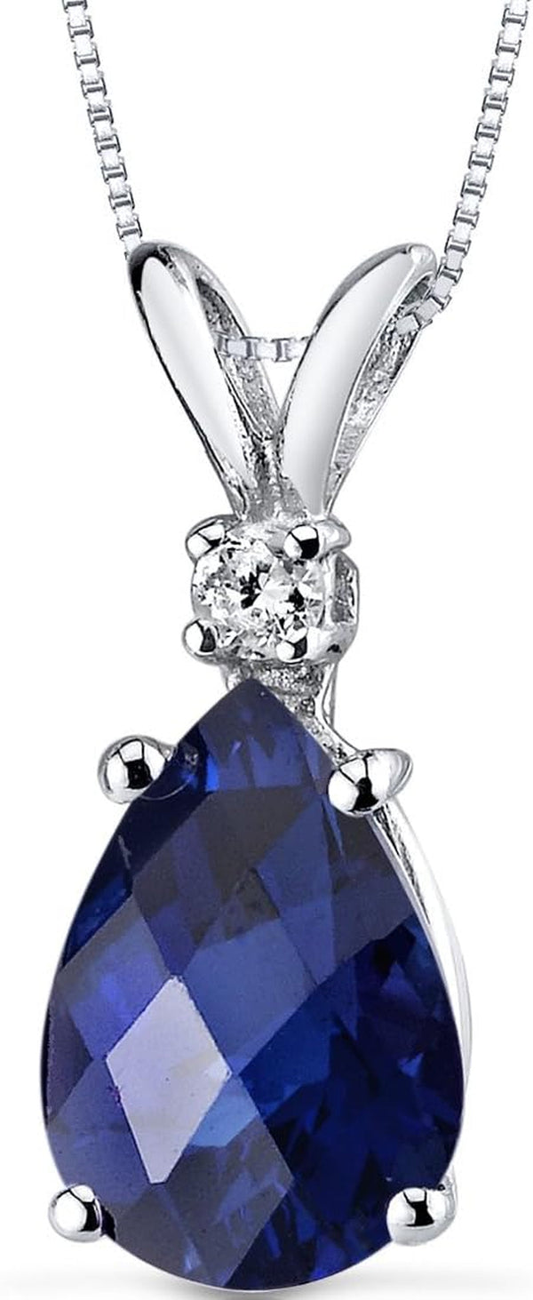 Solid 14K White Gold Created Blue Sapphire with Genuine Diamond Pendant for Women, Elegant Teardrop Solitaire, 2.45 Carats Pear Shape 10X7Mm, Sparkling Blue Sapphire Jewelry, W/Jewelry Box
