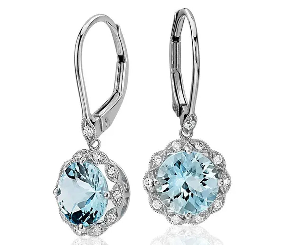 Women Fashion Sterling Silver Earrings Jewelry Natural Gemstone Aquamarine Dangle Hoop Earrings Diamond Floral Earrings