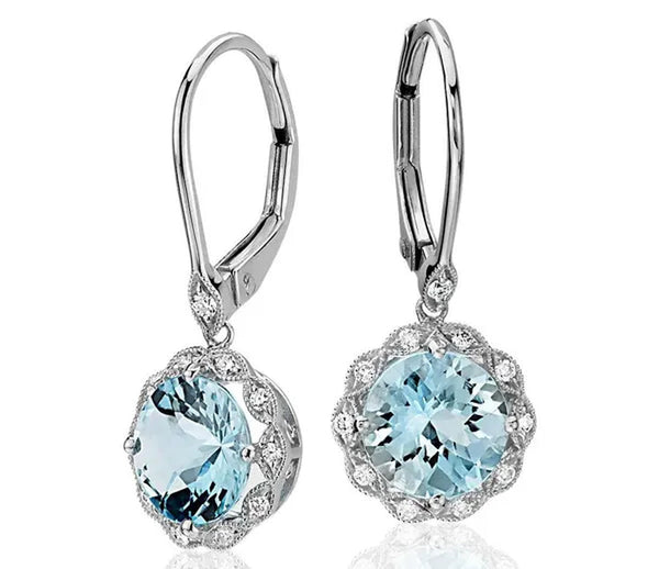Women Fashion Sterling Silver Earrings Jewelry Natural Gemstone Aquamarine Dangle Hoop Earrings Diamond Floral Earrings