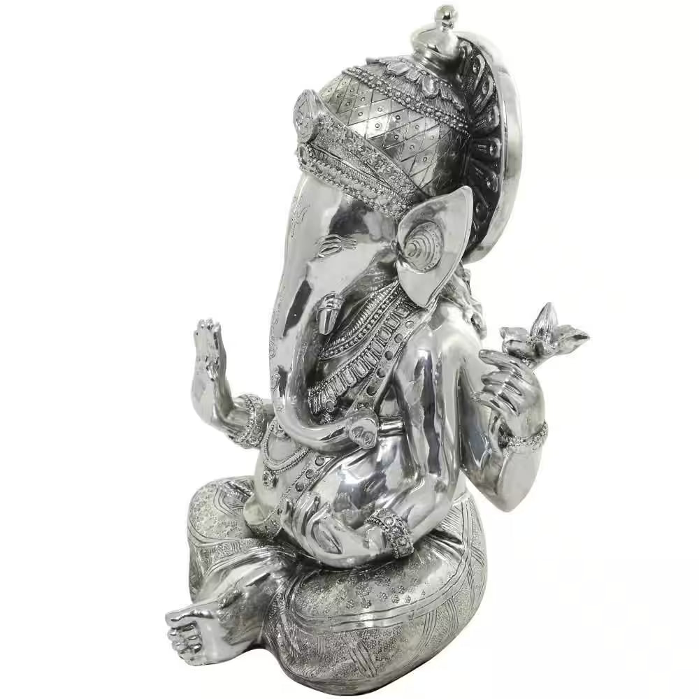 Silver Polystone Meditating Ganesh Sculpture with Engraved Carvings and Relief Detailing