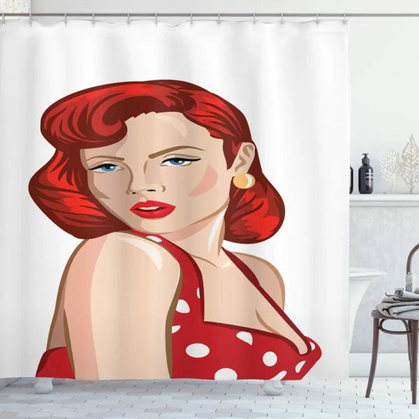 Pin up Girl Shower Curtain, Vintage Portrait of a Ginger Lady with Retro Style Rolled Hair, Cloth Fabric Bathroom Decor Set with Hooks Ruby Scarlet