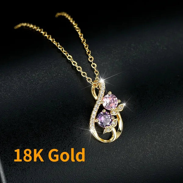 Unique 18K Gold Number Eight Pink Sapphire Tulip Pendant White Diamond Necklace For Women Wedding Birthday Jewelry Gift