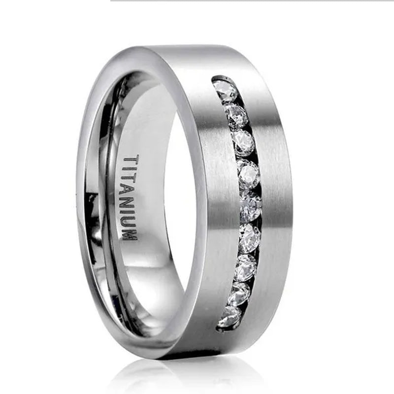 YOHAPP NEW Fashion Couple Rings Set Jewelry - Men's 8mm 316L Stainless Steel Titanium Ring and Women's Three Stone Princess Cut 1CT Diamond   Silver  Bridal Wedding Engagement Band Ring