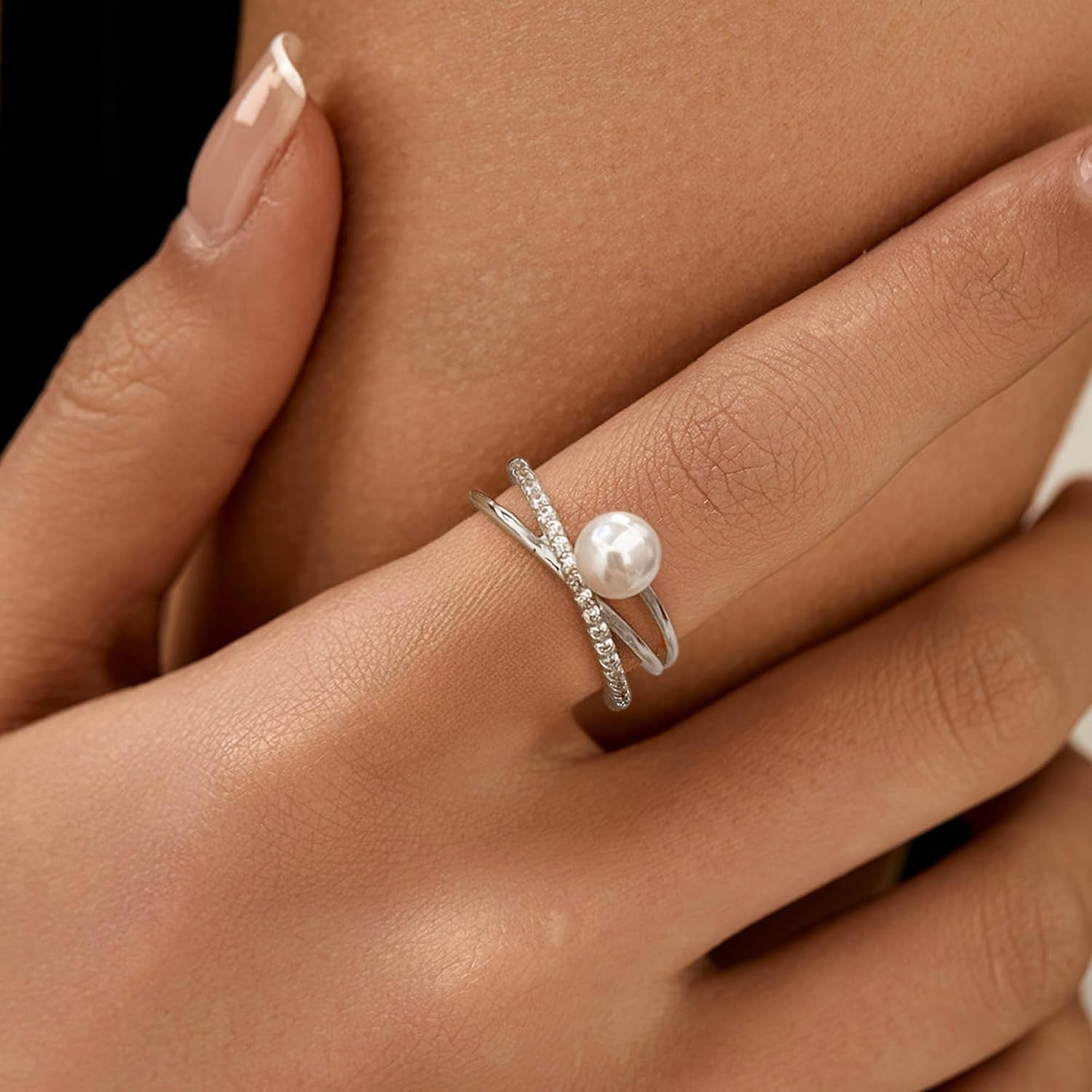 6Mm Pearl Ring for Women Dainty X Criss Cross Gold Pearl Ring Stackable 925 Sterling Silver Cubic Zirconia Open Ring Promise Rings Birthday Christmas Jewelry Gifts for Her Mom