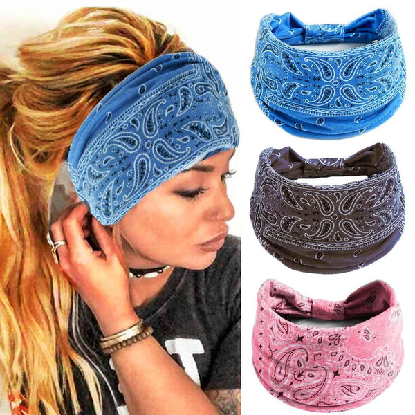 Boho Headbands Wide Turban Knotted Head Bands African Head Wraps Yoga Hairbands Hair Scarf Elastic Hair Accessories for Women and Girls Pack of 3 (Set-2B)