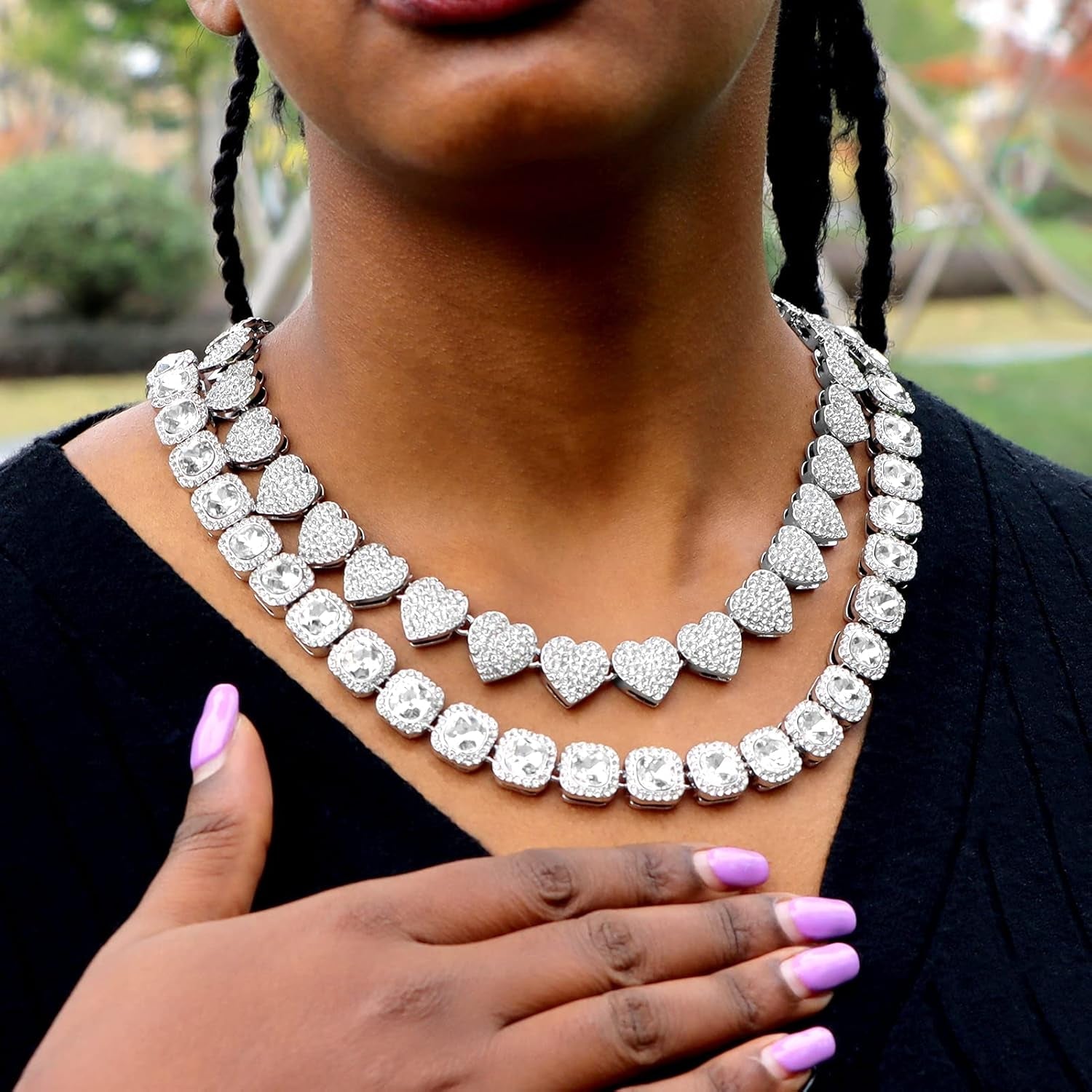 Women'S 18+20'' Zinc Necklace, Clustered Diamond Tennis Chain & Heart Necklace Set, Hip Hop Jewelry, Gold, Cuban Link, for Female, Gifts