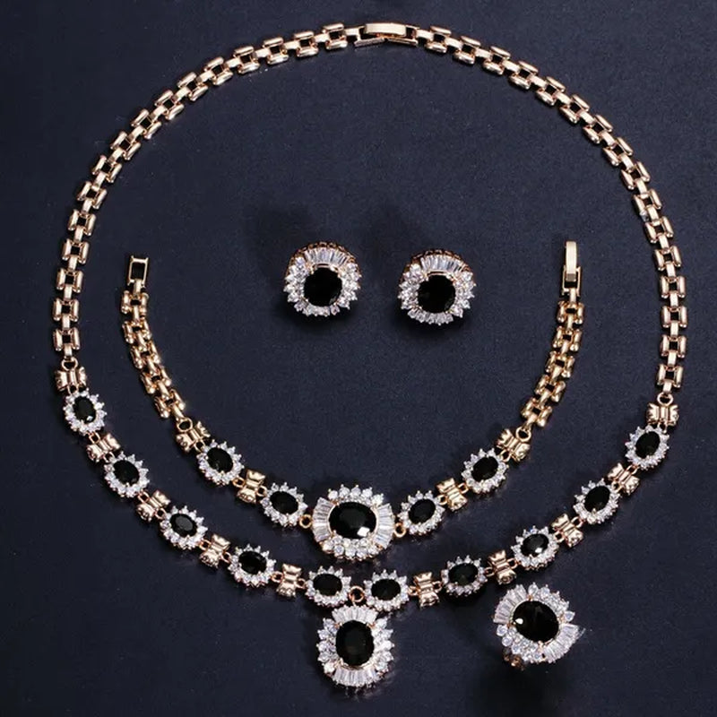 CANDICE Dubai Wedding 4 Pieces Set Elegant Red Zirconia Paved Yellow Gold Plated Engagement Party Ring Earrings Bracelet Necklace Sets for Women