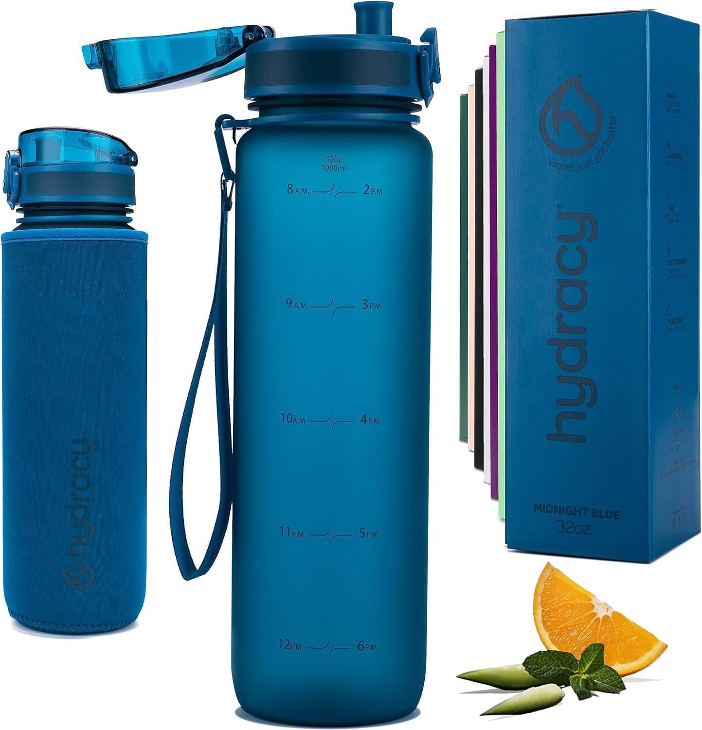 Water Bottle with Time Marker -Large BPA Free Water Bottle & No Sweat Sleeve -Leak Proof Gym Bottle with Fruit Infuser Strainer & Times to Drink -Ideal for Fitness Sports & Outdoors