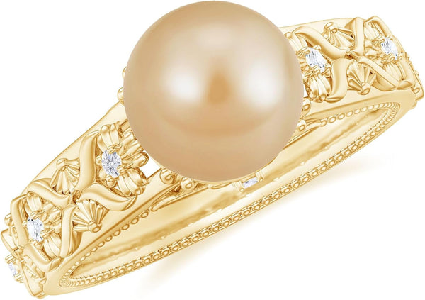 Real Golden Pearl Diamond Engagement Ring, AAA Quality, South Sea Pearl Flower Ring - Ready to Gift