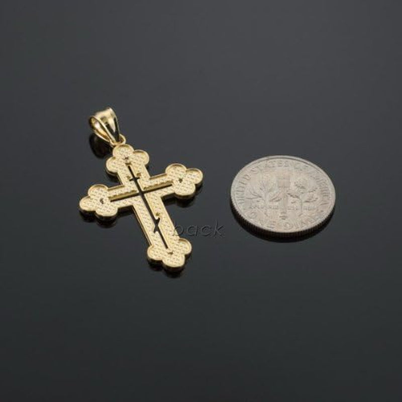14K Yellow Gold Diamond Pendant Eastern Orthodox Cross Charm Pendant