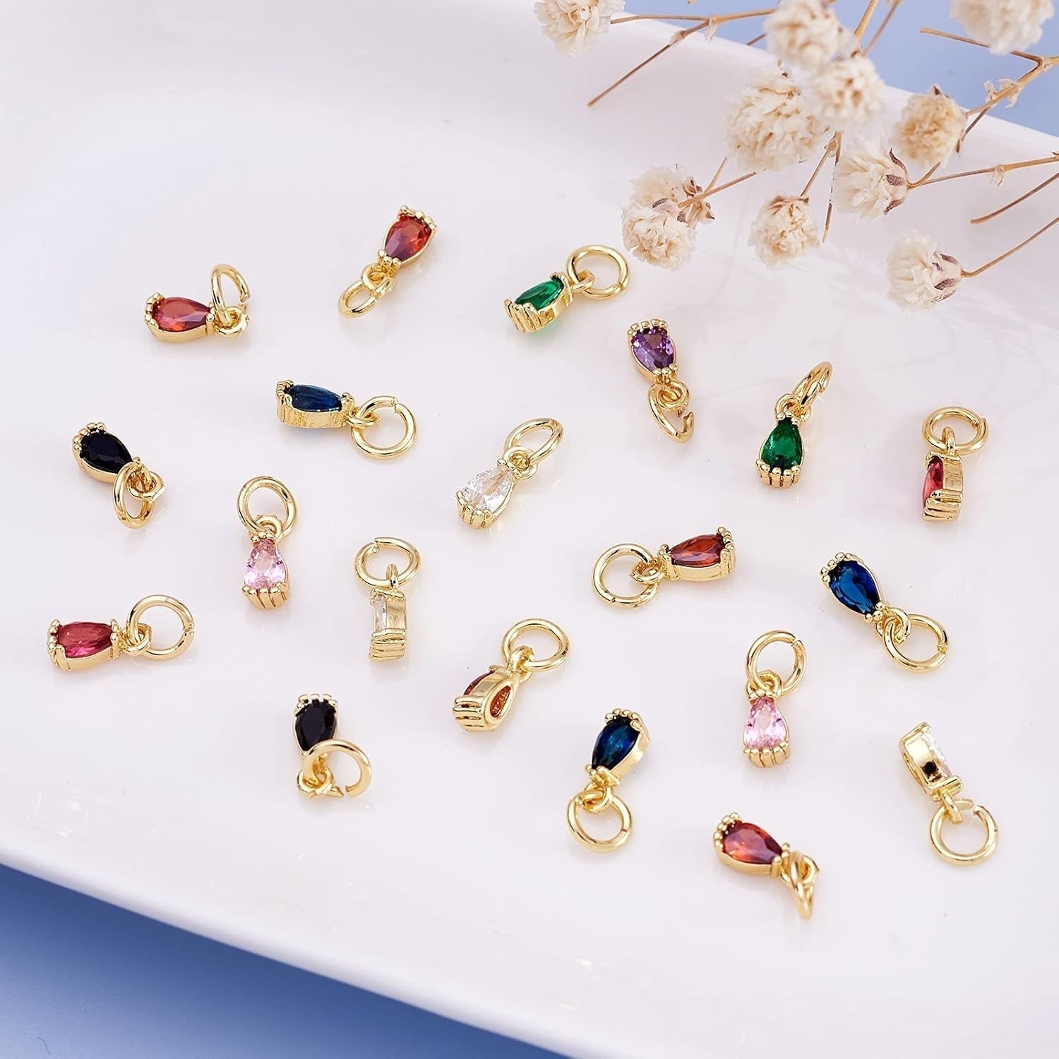 20Pcs Cubic Zirconia Mini Rhinestone Charms Brass Pave CZ Water Drop Extender End Charms Colorful 18K Gold Faceted Dangle Teardrop Birthstone Pendant Bulk with Loop for Jewelry Making 8X3Mm