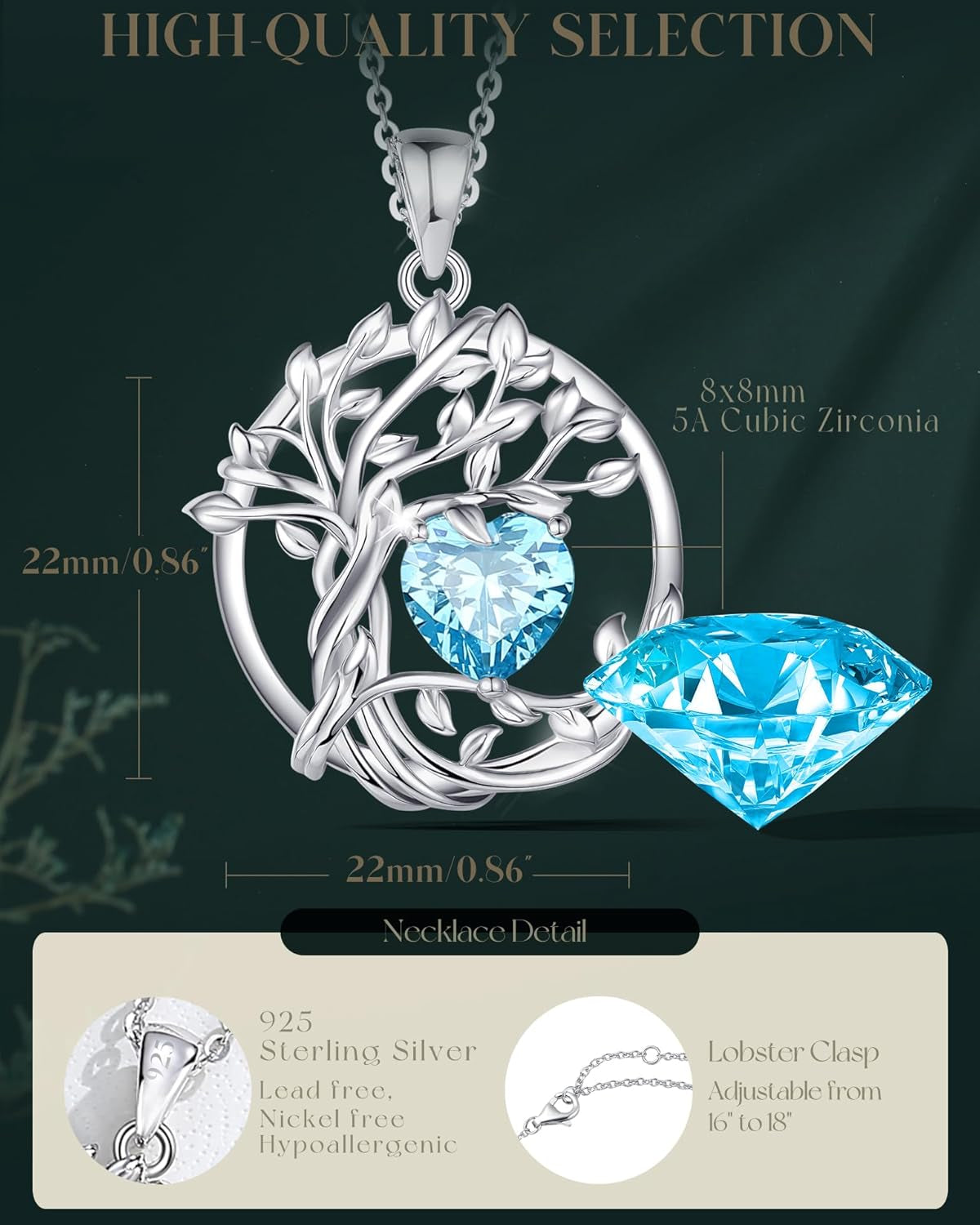 Tree of Life Birthstone Necklace Sterling Silver Pendant Birthstone Necklace Gemstone Anniversary Birthday Jewelry Christmas Gifts for Mom Her Wife