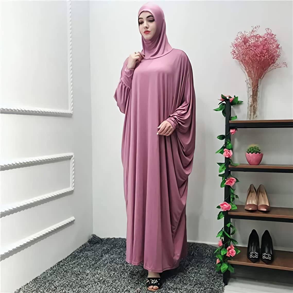 Womens Solid One-Piece Prayer Dress Muslim Abaya Islamic Maxi Breathable Ramadan Dress Kaftan Hijab