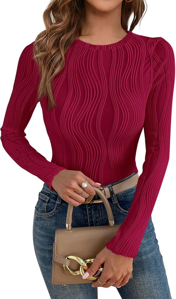 Women'S Tops 2025 Spring Fashion Long Sleeve Crewneck Blouses Slim Fit Shirts Textured Knit Basic T Shirts