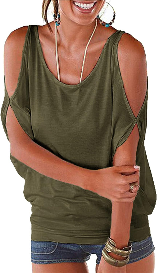 Women Cold Shoulder O-Neck Short Sleeve Loose Fit Summer Shirt Blouse Tops