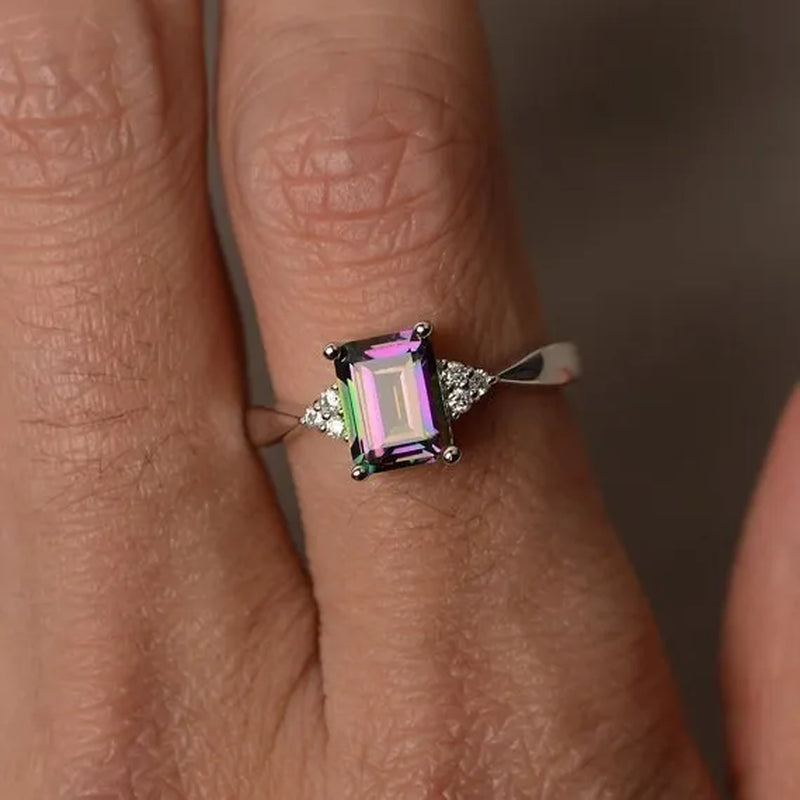 Exquisite Women'S 925 Sterling Silver Ring Princess Cut Mystic Rainbow Topaz Engagement Diamond Jewelry Christmas Birthday Proposal Gift Halloween Party Wedding Band Rings Size 6 - 10