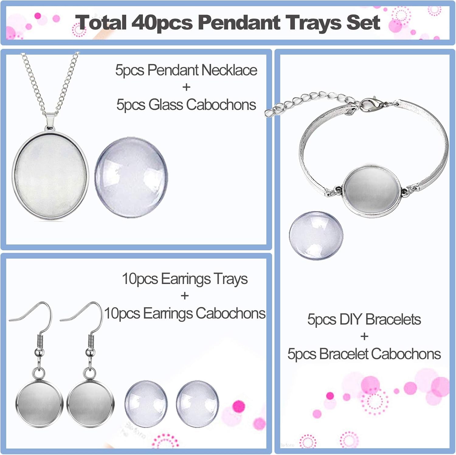 40Pcs Pendant Trays Set, Including 5Pcs Pendant Trays Necklace, 5Pcs Bracelet Bezel Settings, 10Pcs Glass Cabochons Earrings, 20Pcs Glass Dome Cabochon for DIY Jewelry Making
