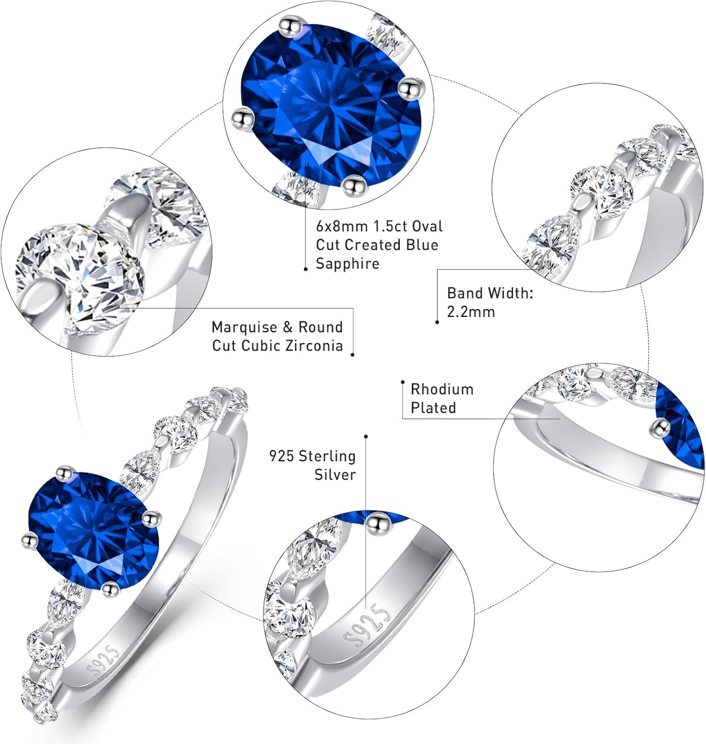 1.5Ct Oval-Cut Created Sapphire Rings 925 Sterling Silver White Gold Plated Blue Oval Engagement Ring for Women Paved Cubic Zirconia Simple Dainty Ring Band Width 2.2Mm Size 7