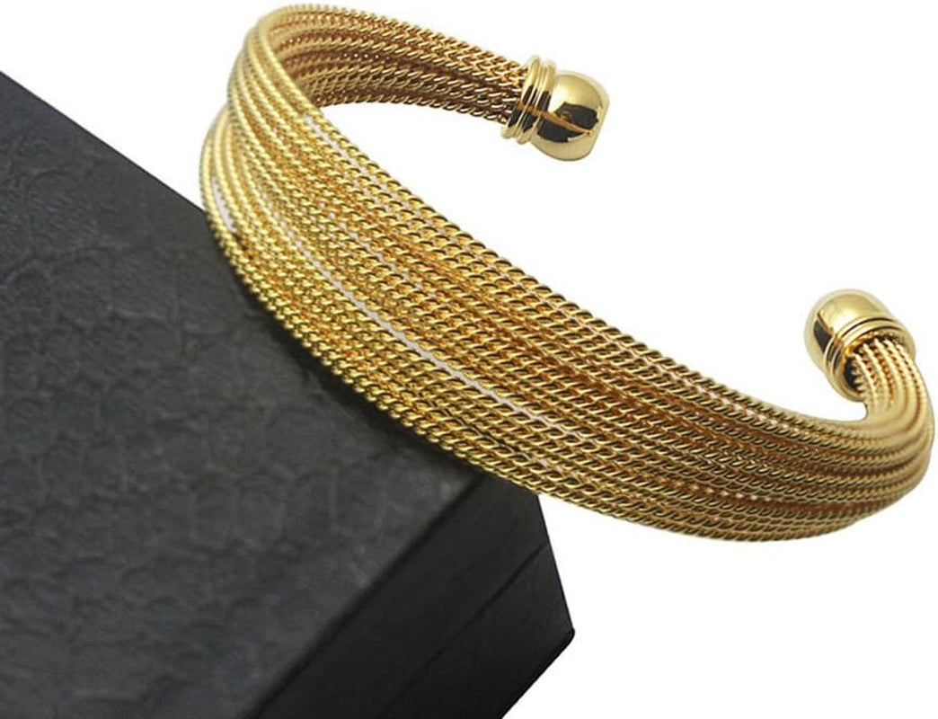 Womens Multi-Strand Gold Plated Stainless Steel Cuff Bangle Bracelet Adjustable