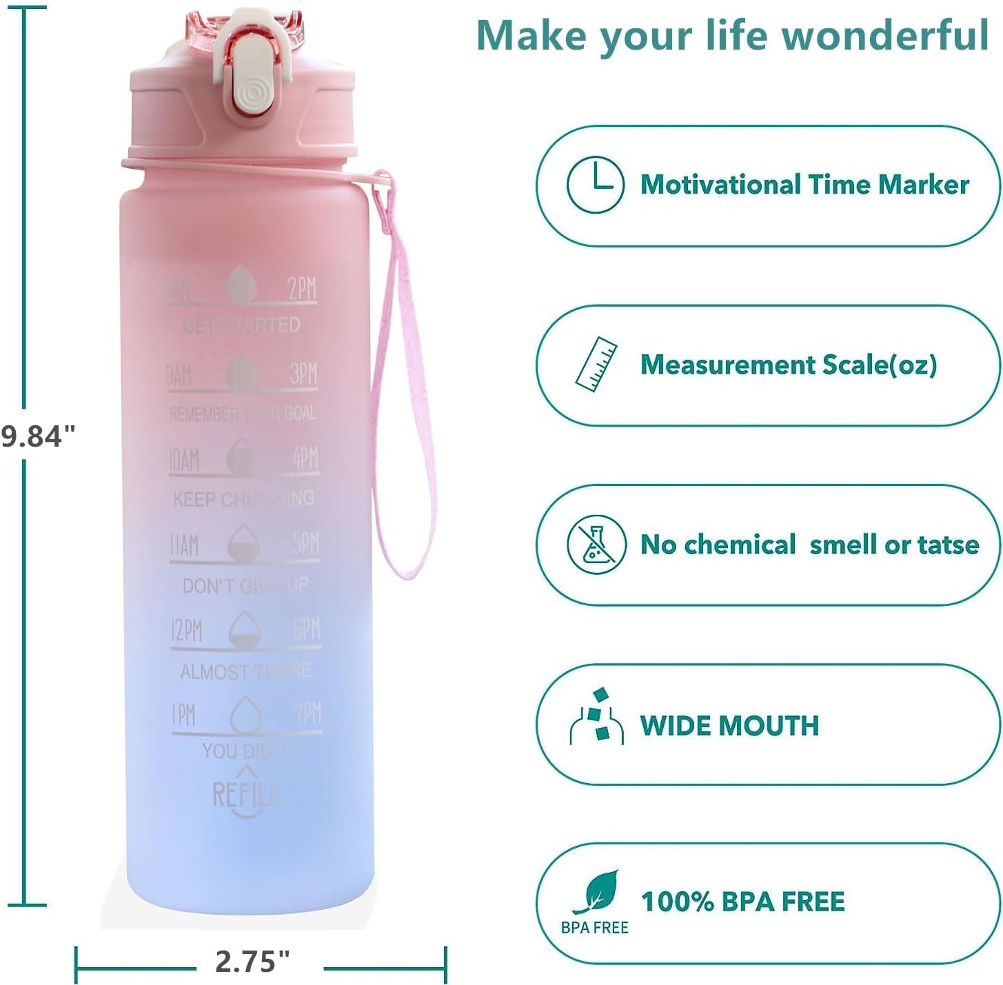 24 Oz Water Bottle with Times to Drink and Straw, Motivational Drinking Water Bottles with Carrying Strap, Leakproof BPA & Toxic Free, Ensure You Drink Enough Water for Fitness(Purple)